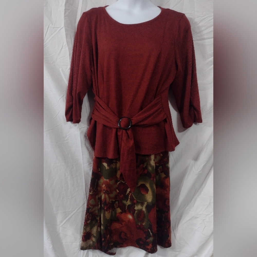 Perceptions Red and Olive Floral Midi Skirt